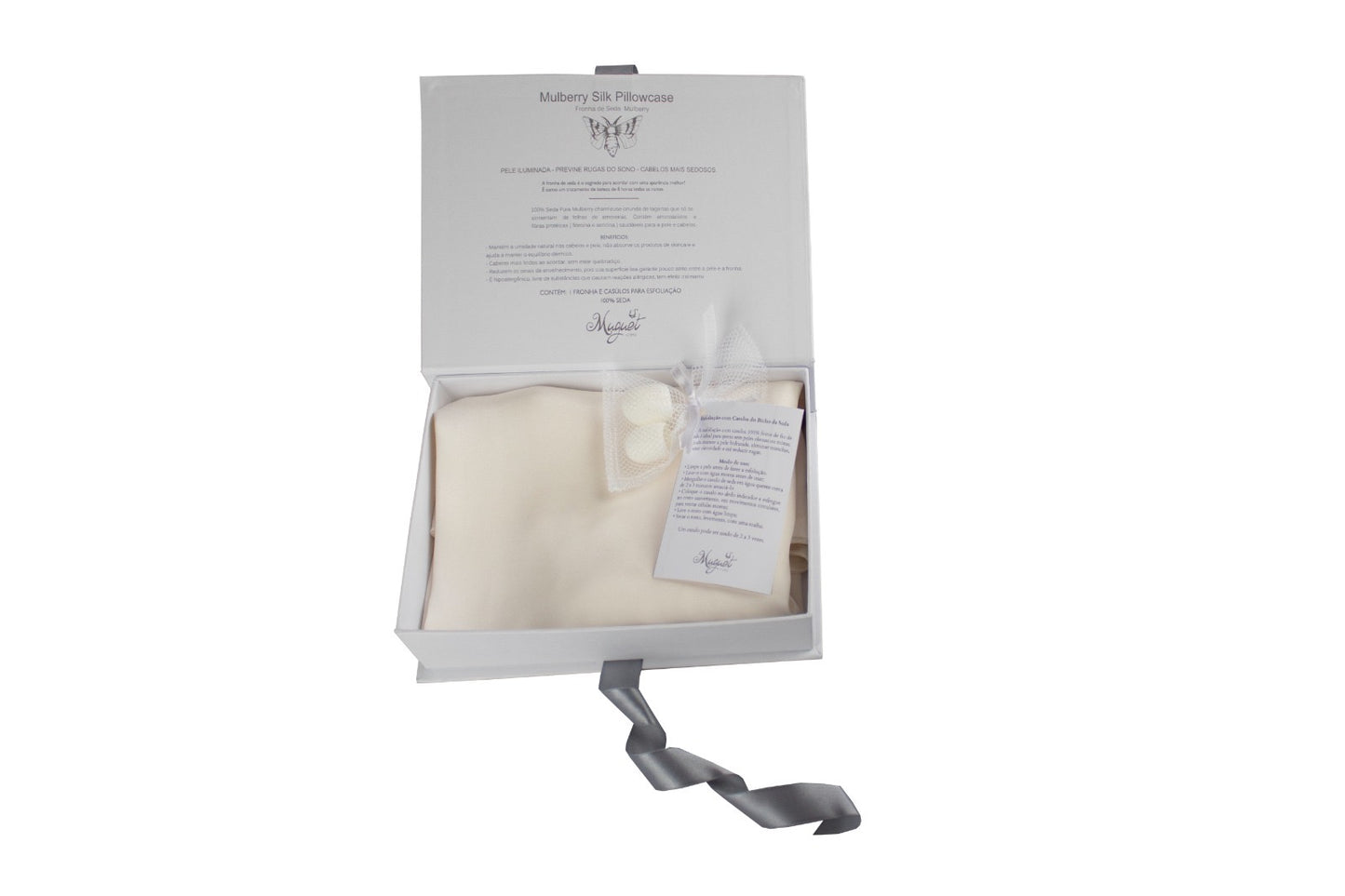 Fronha 100% Seda Pura Cor Off White Em Caixa Laço - Muguet Home