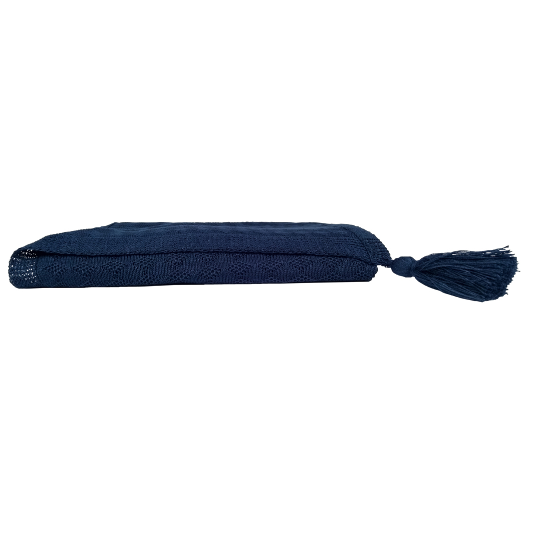 Manta Tricô Ponto Arroz Marinho Com Pompom 2,20x2,50 - Muguet Home