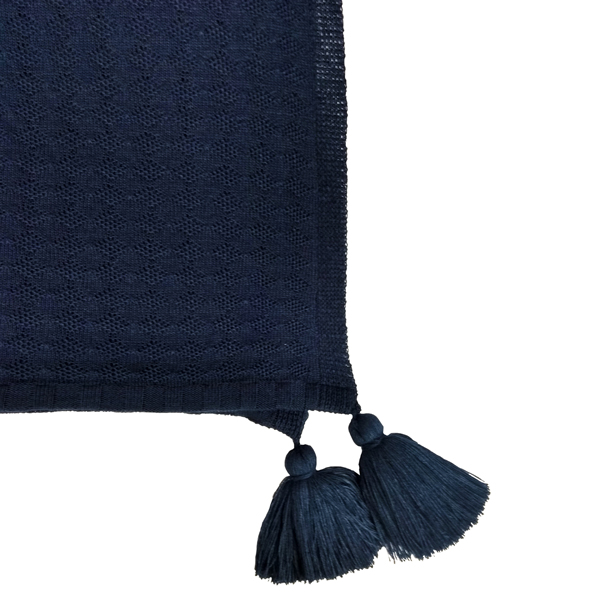 Manta Tricô Ponto Arroz Marinho Com Pompom 2,20x2,50 - Muguet Home