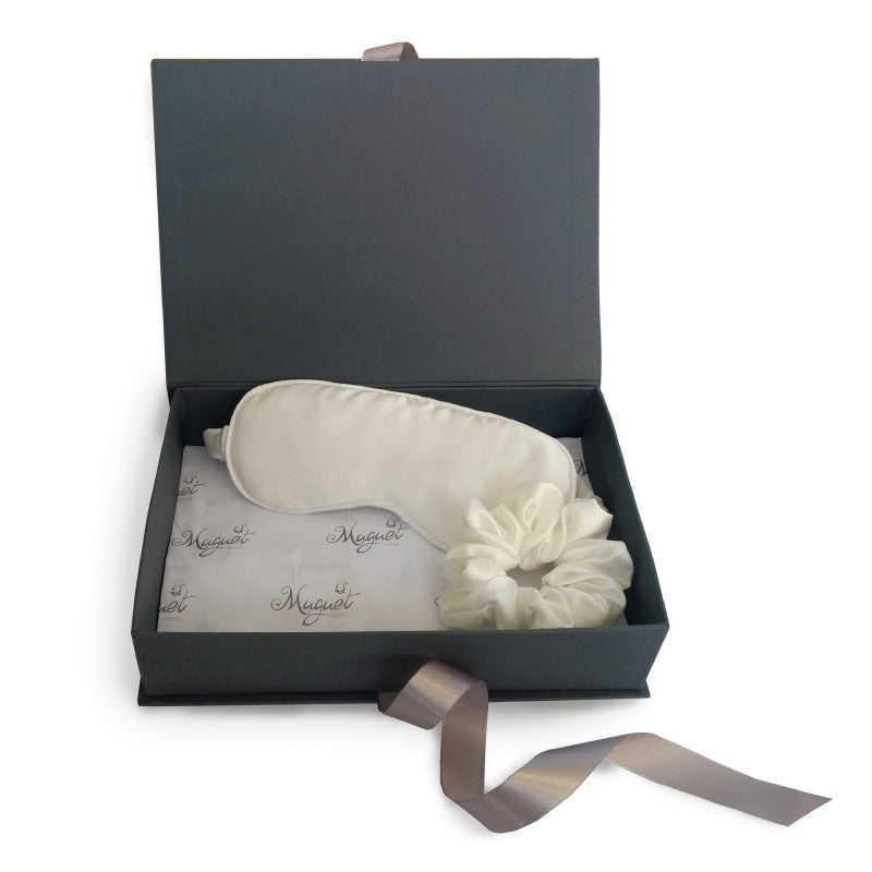 Máscara Para Olhos E Scrunchie 100% Seda Off White Em Caixa Laço