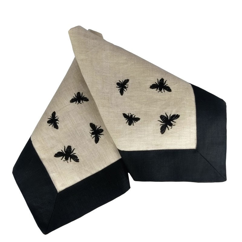 Guardanapo De Boca Abeille Linho Bege/ Preto Bordado 45X45 - Muguet Home