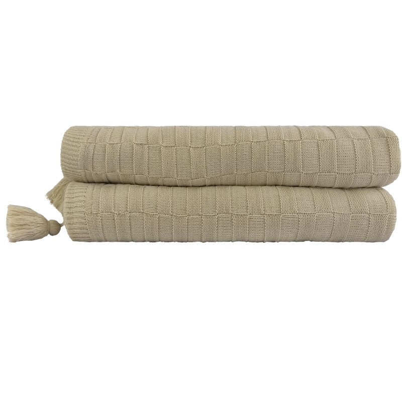 Manta Tricô Ponto Brick Bege Pompons 1,80X2,60 - Muguet Home