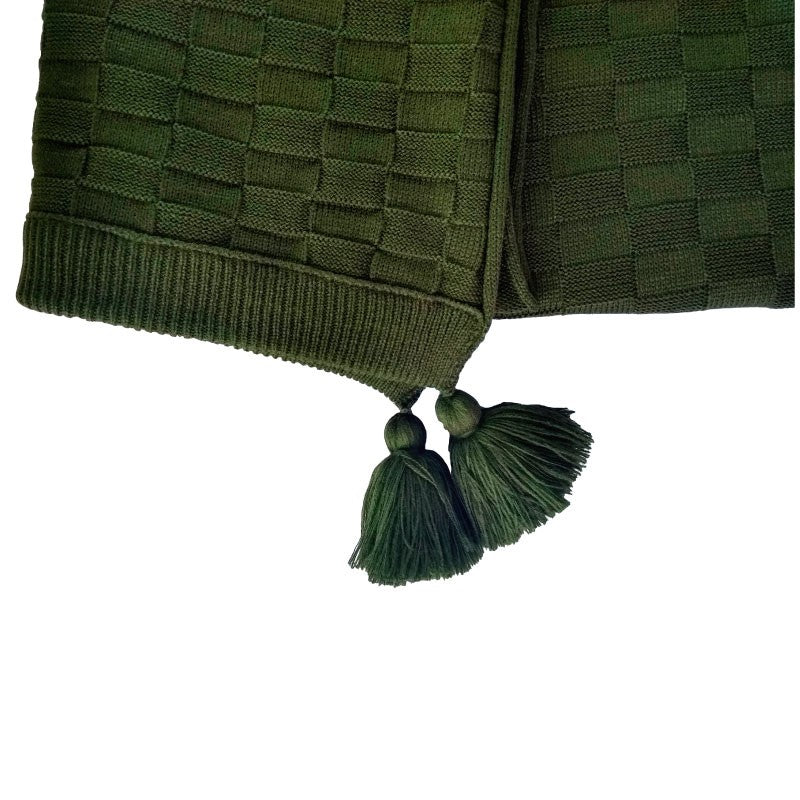 Manta Tricô Ponto Brick Verde Musgo Pompons 1,80X2,60