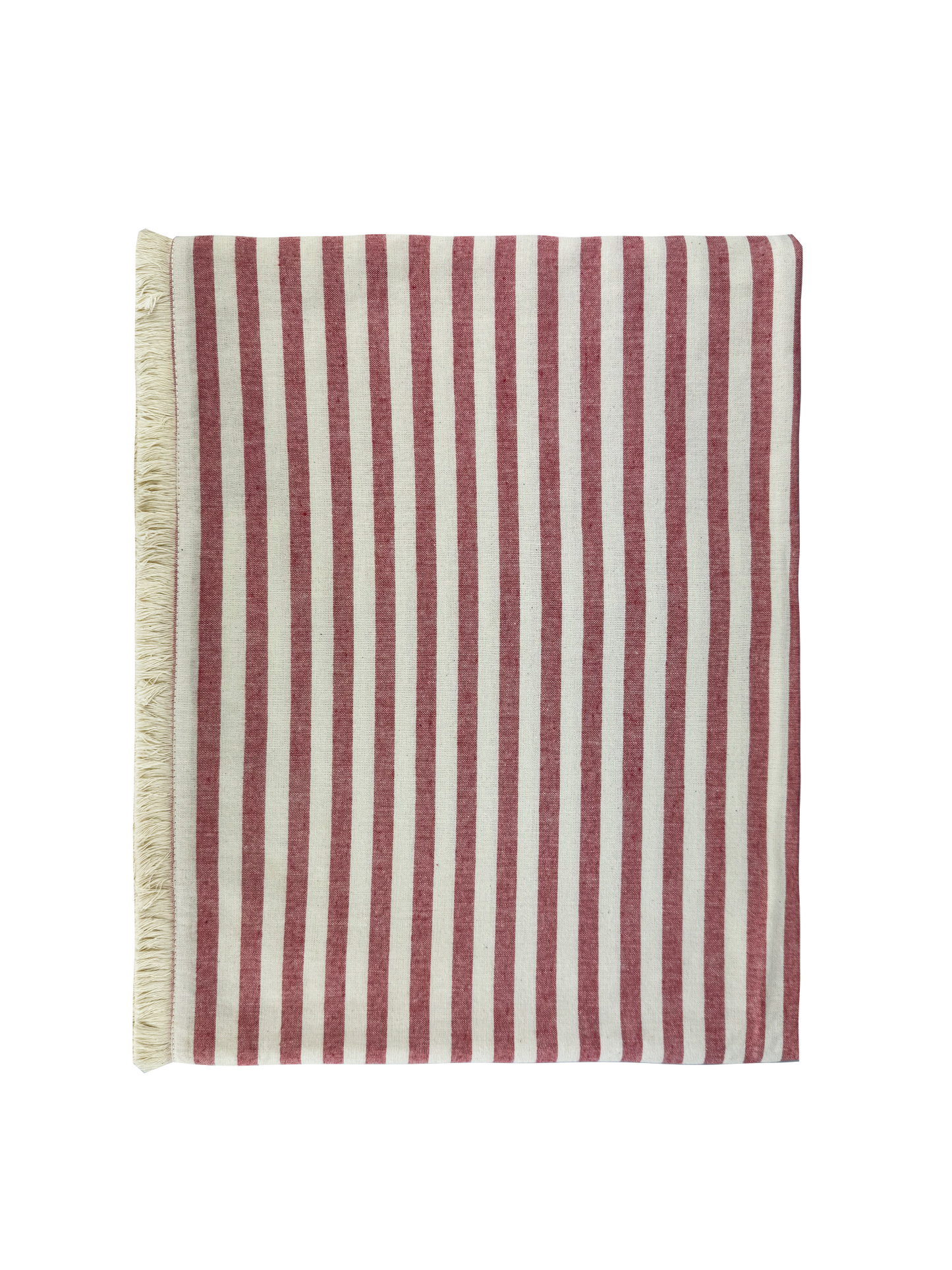 Manta Bruma Coralina em Linho Listrado Bordô/Off White Com Marabu Cru 1,50x2,50