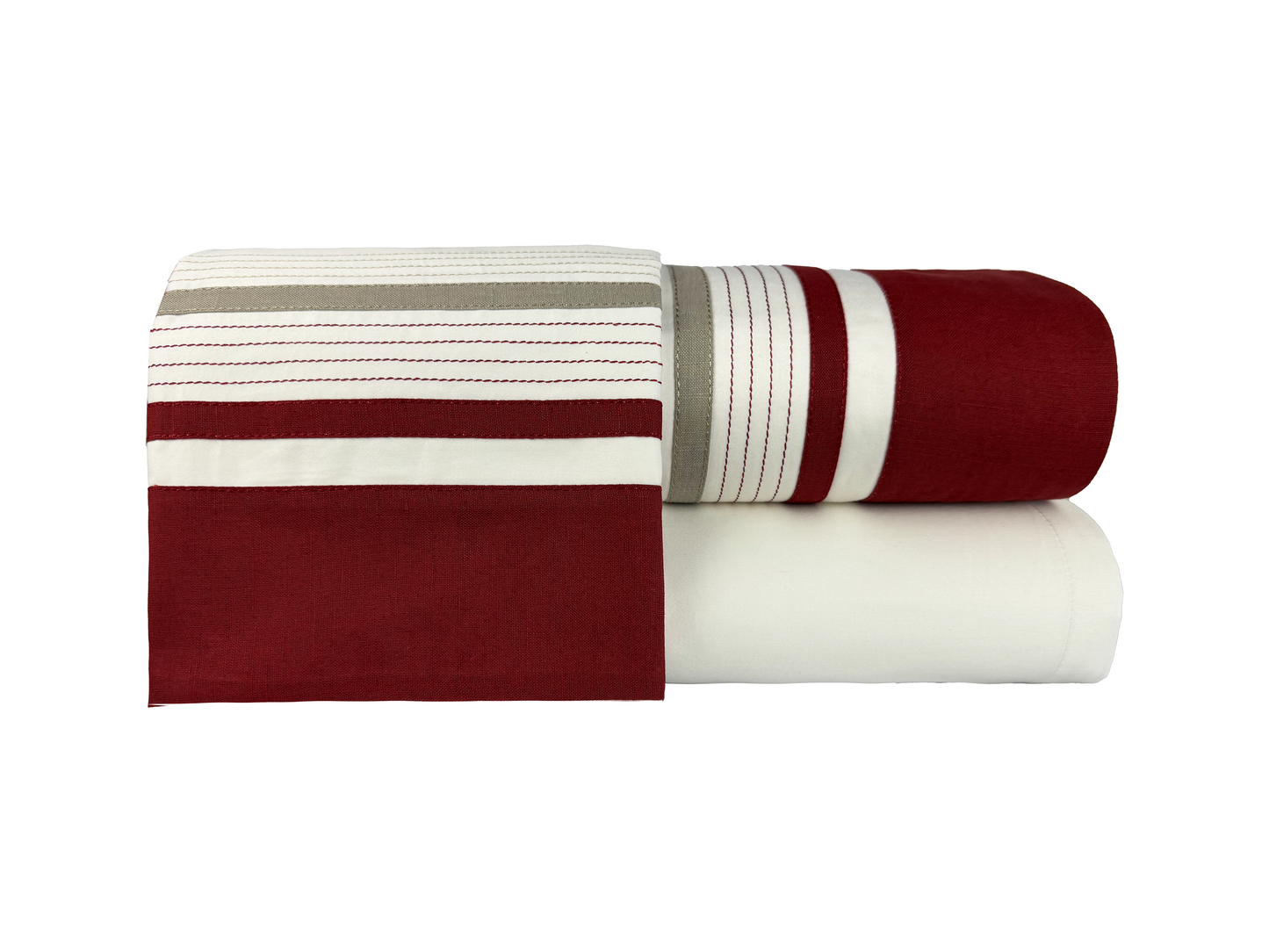 Jogo De Lençol Bruma Coralina 600 Fios Branco Detalhes Em Linho Bege E Bordô