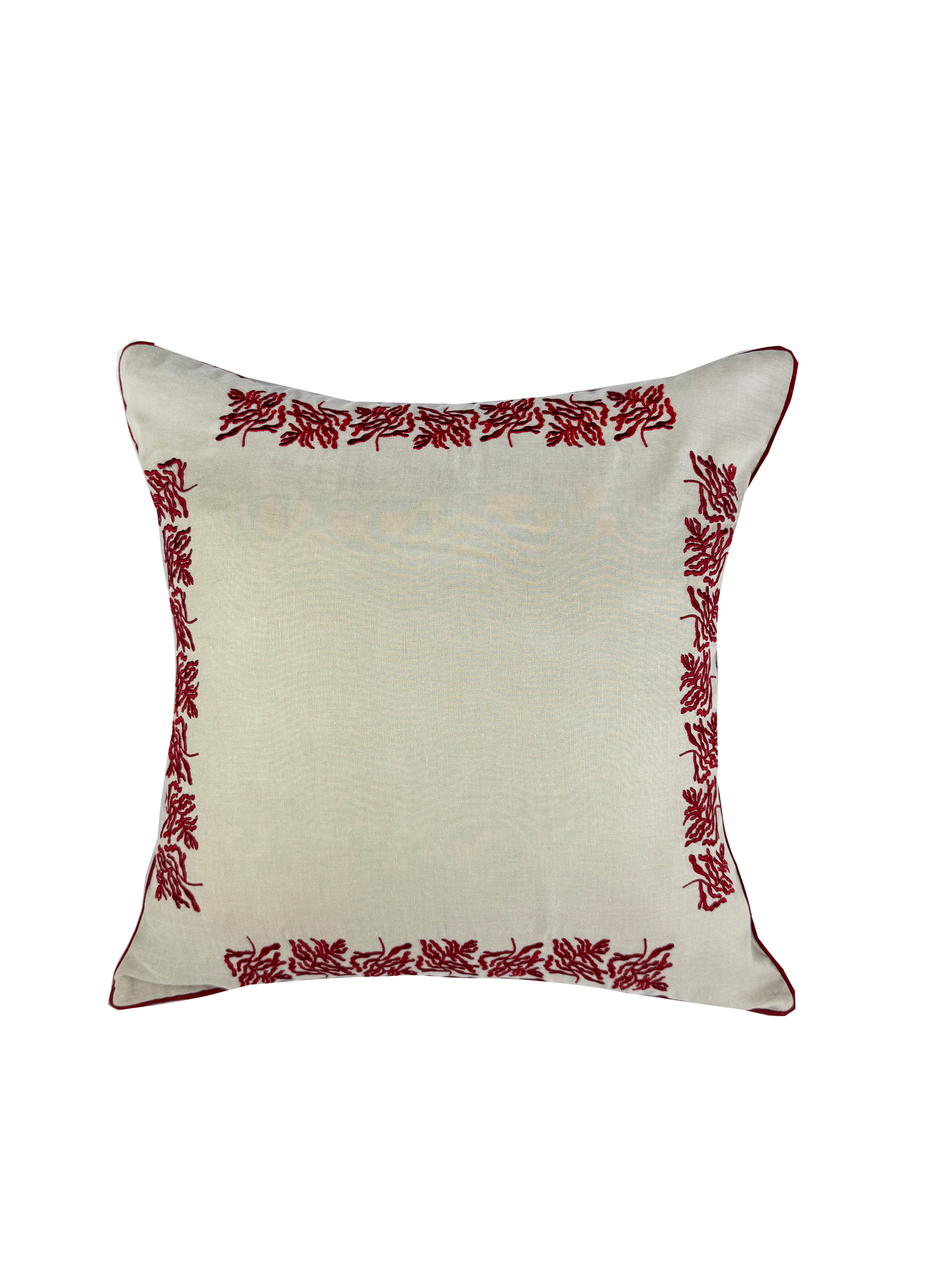 Almofada Bruma Coralina Linho Bege Bordada Corais Bordô 50x50