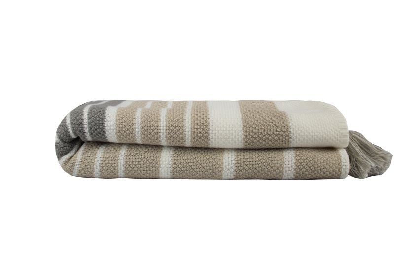 Manta Árvore da Vida tricô striped vanilla/bege/cinza com pompons 2,20x2,50