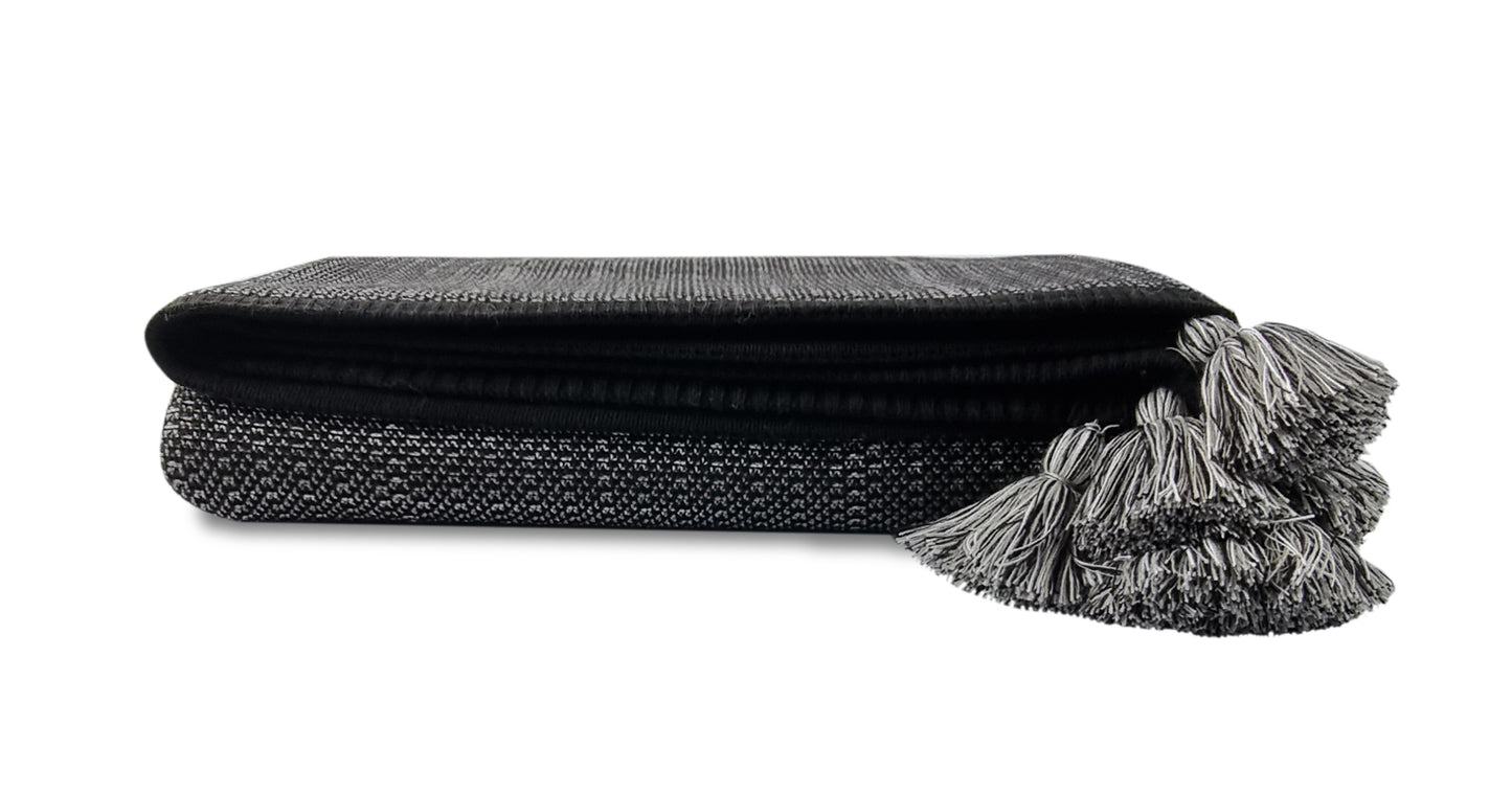 Manta Tricô Araucária Jacquard Preto/Basal/Bco Pompons 2,20X2,50 - Muguet Home