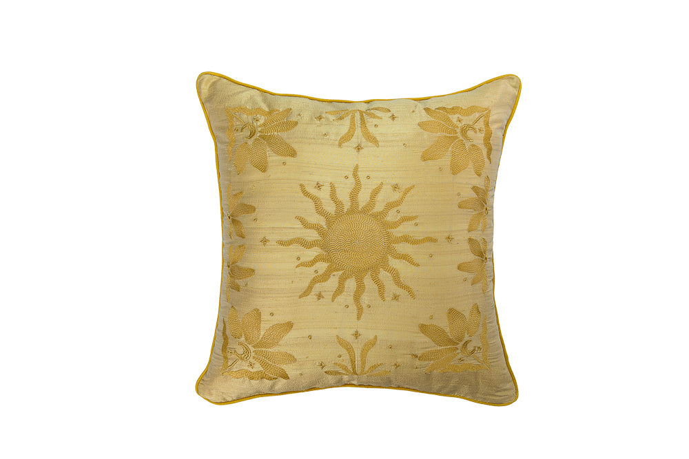 Almofada Soleil De Souvenirs Shantung De Seda E Linho Jaune Bordada 50x50