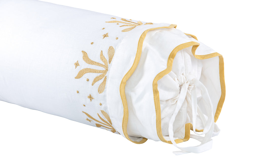 Rolo Soleil De Souvenirs Linho Branco Waves Em Viés e Bordados Jaune Costas 600 Fios Branco 0,40x0,80