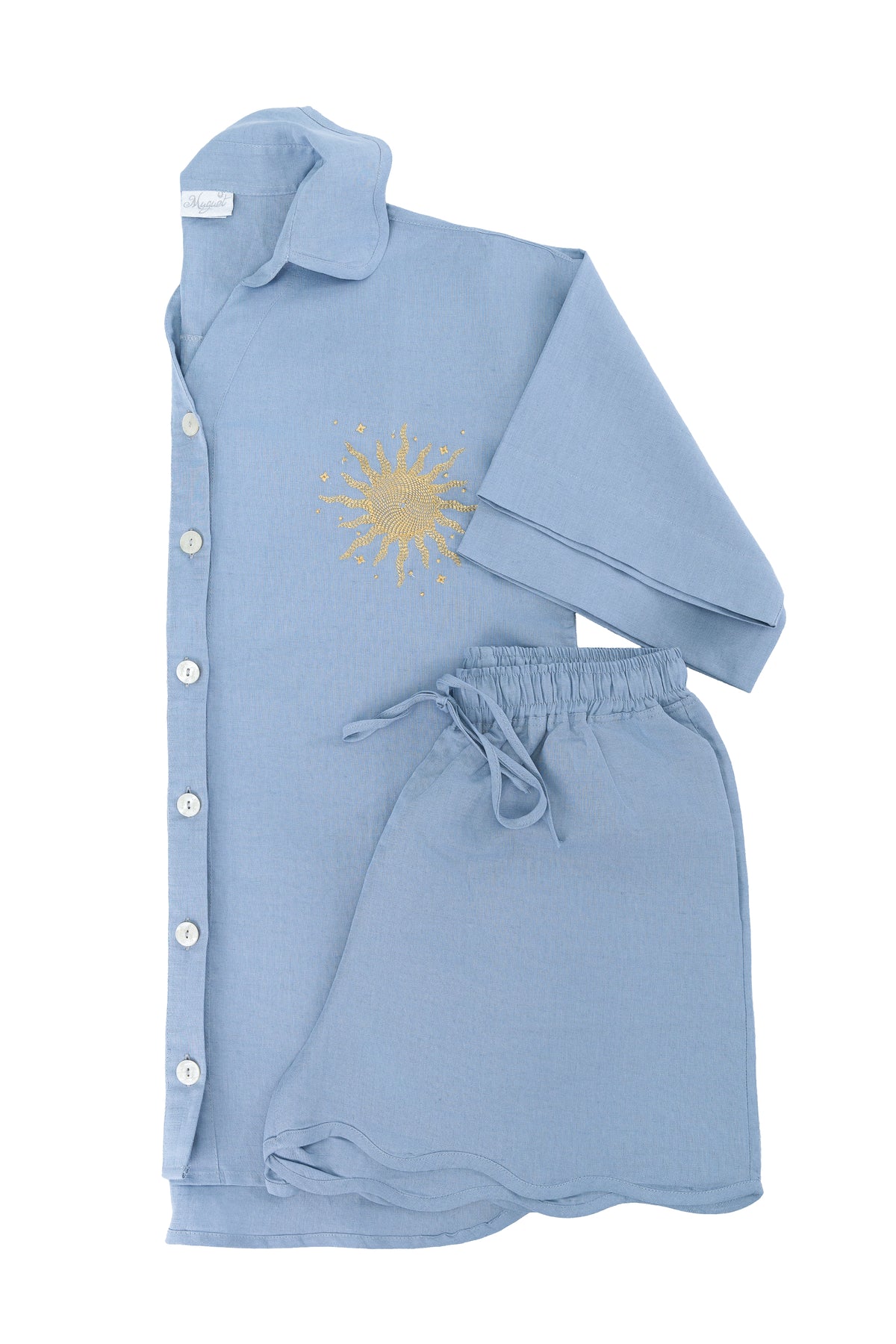 CAMISA SOUVENIRS D'ETÉ LINHO AZUL BORDADA TAM ÚNICO - Muguet Home