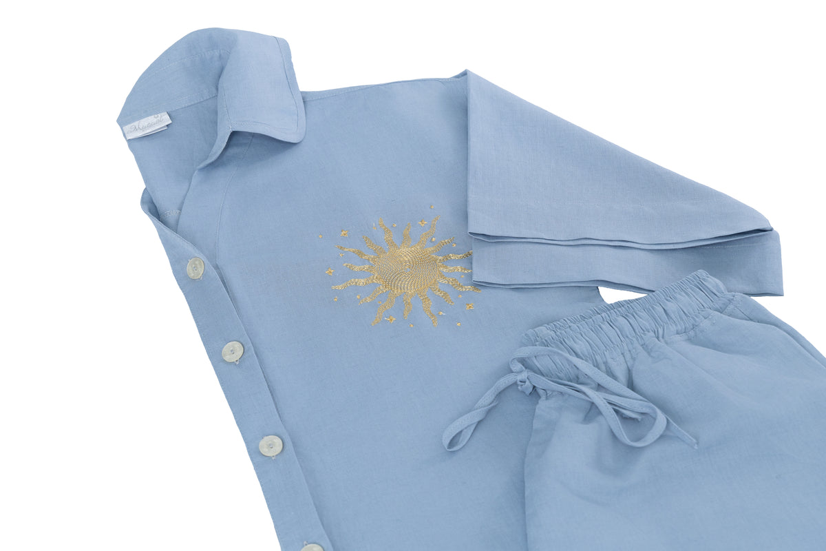 CAMISA SOUVENIRS D'ETÉ LINHO AZUL BORDADA TAM ÚNICO - Muguet Home