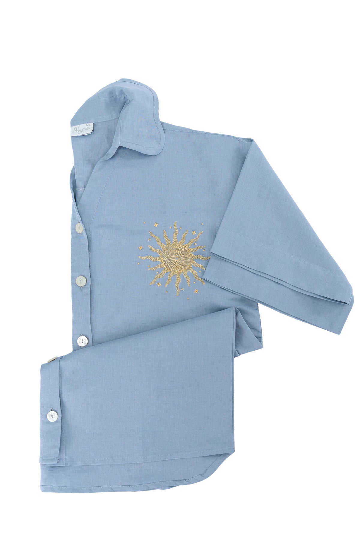 CAMISA SOUVENIRS D'ETÉ LINHO AZUL BORDADA TAM ÚNICO - Muguet Home