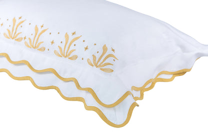 Fronha Avulsa Soleil De Souvenirs Linho Branco Waves Em Viés e Bordados Jaune Costas 600 Fios Branco