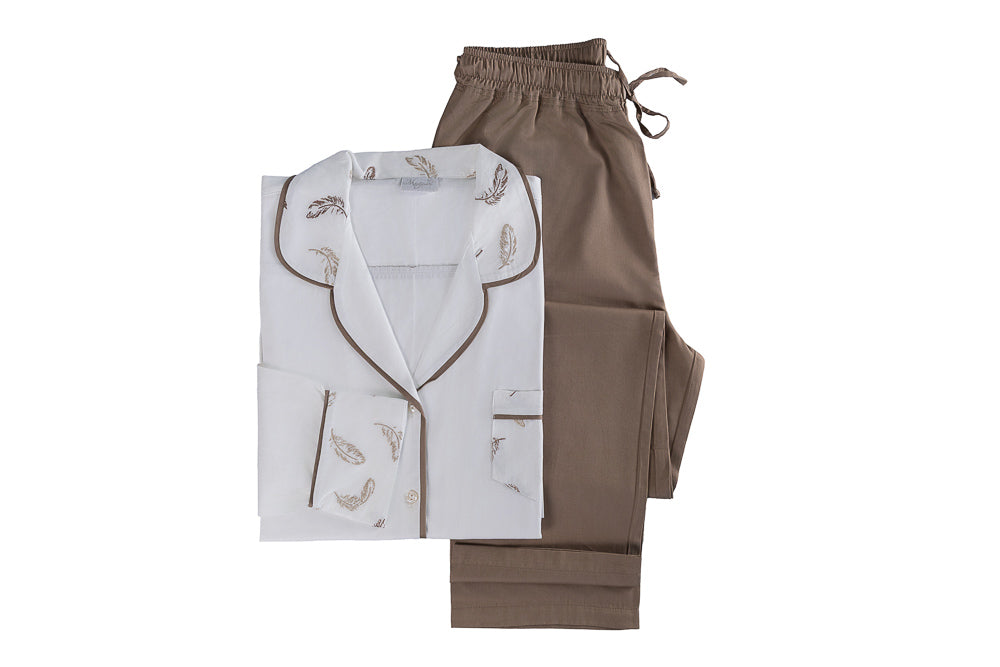 Pijama Feminino Refúgio Branco/Marrom Cacau 600 Fios Bordado - Muguet Home