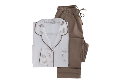 Pijama Feminino Refúgio Branco/Marrom Cacau 600 Fios Bordado - Muguet Home