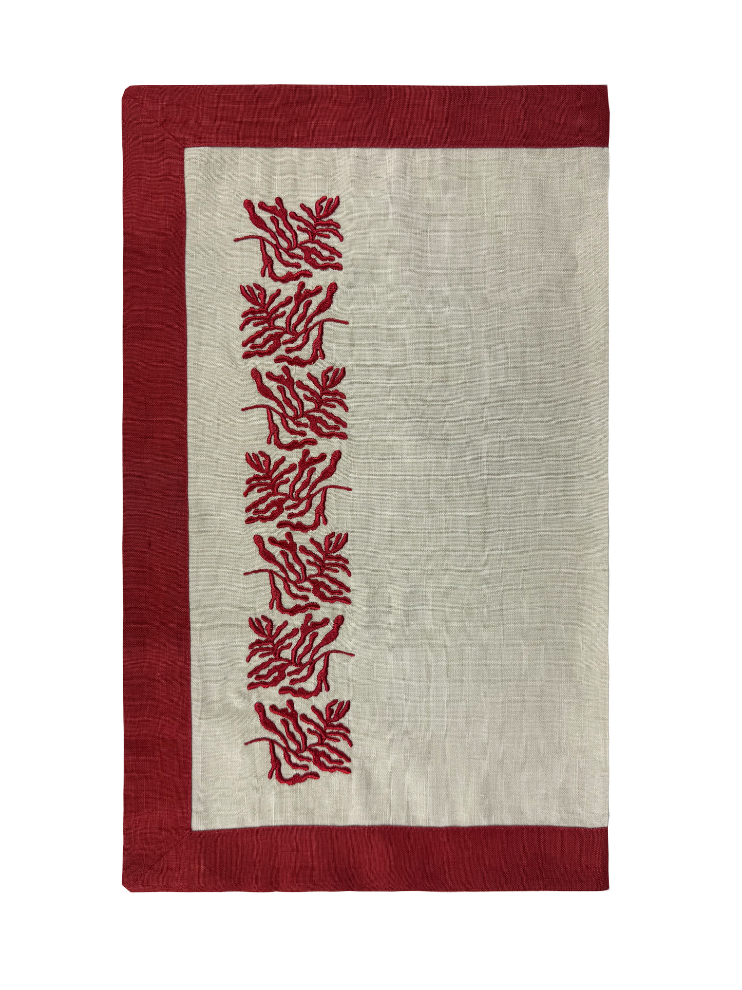 Trilho De mesa Bruma Coralina Linho Bege/Bordô Bordado 0,50x1,50