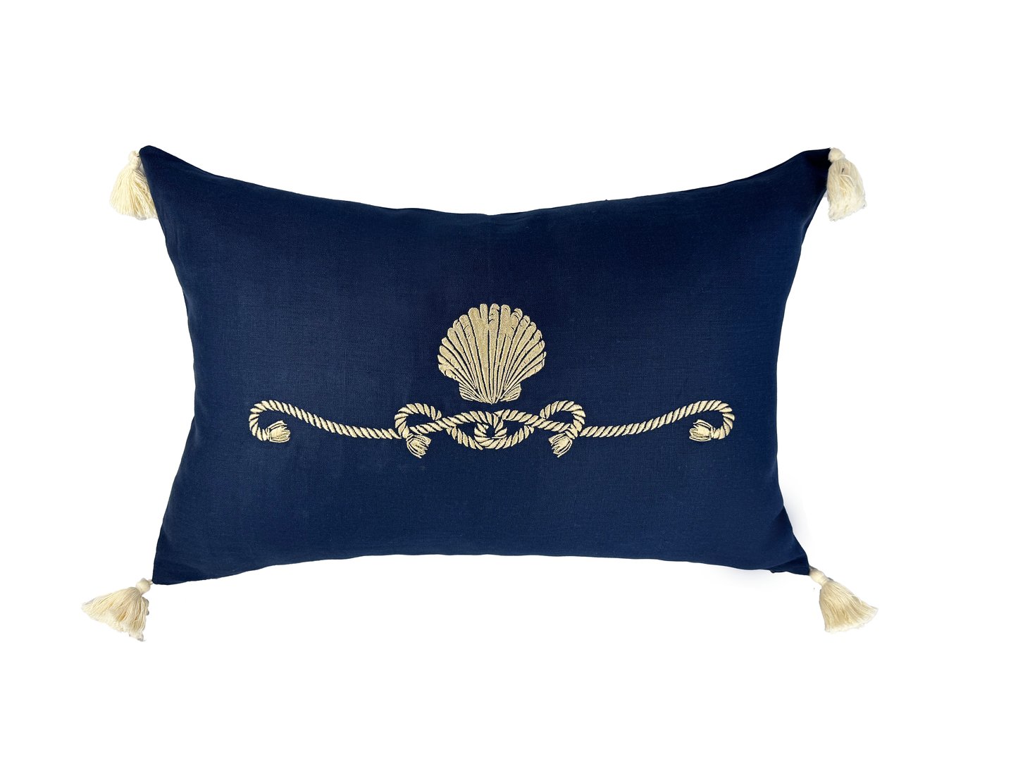 Almofada Canto Das Conchas Linho Marinho Bordada Com Tassels 40x60