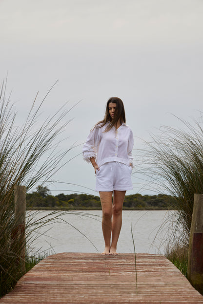 Camisa Pages Blanches Linho Branco Babados Guipuir Tam Único