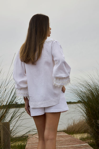 Camisa Pages Blanches Linho Branco Babados Guipuir Tam Único