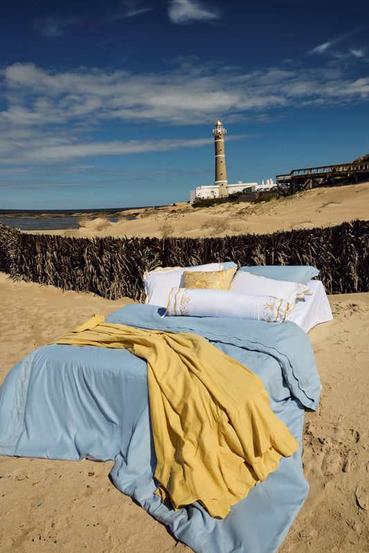 Capa Para Duvet Soleil De Souvenirs Linho Azul Viés Waves