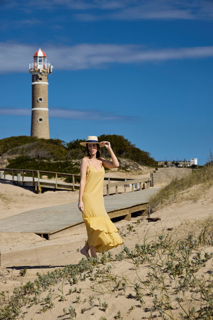Vestido Soleil De Souvenirs Linho Jaune (amarelo) Longo  Evasé