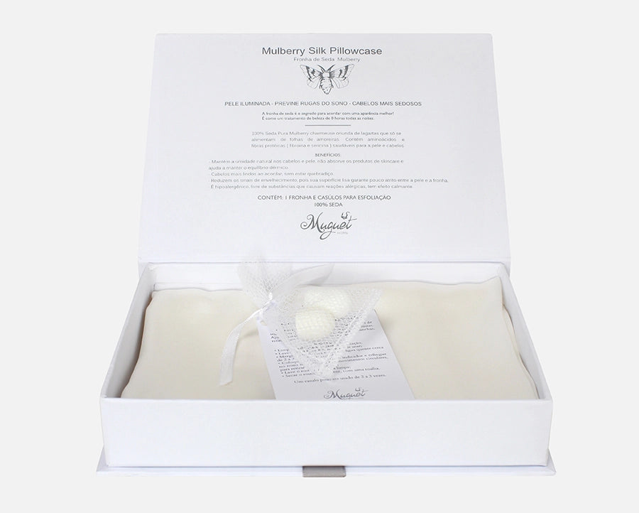 Fronha 100% Seda Pura Cor Off White Em Caixa Laço - Muguet Home