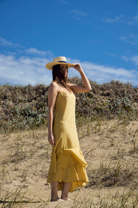 Vestido Soleil De Souvenirs Linho Jaune (amarelo) Longo  Evasé - Muguet Home